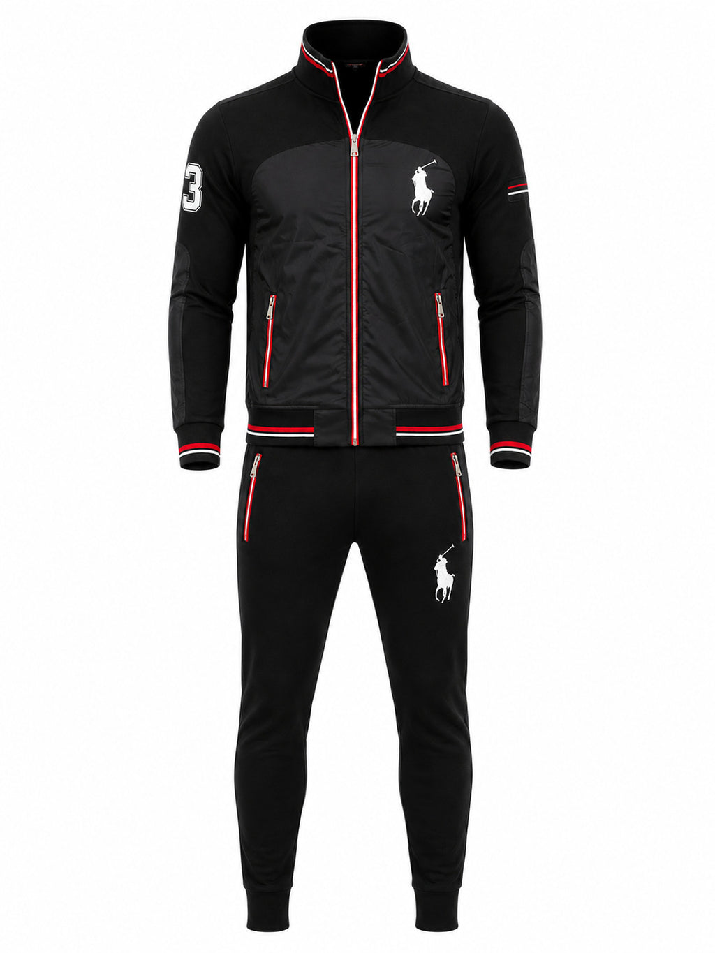 A men's black two-piece tracksuit featuring a zip-up jacket and matching jogger pants. The tracksuit has red piping accents, white embroidered Polo Ralph Lauren logos, a white number 3 on the right sleeve, and red and white striped ribbed cuffs and hem.