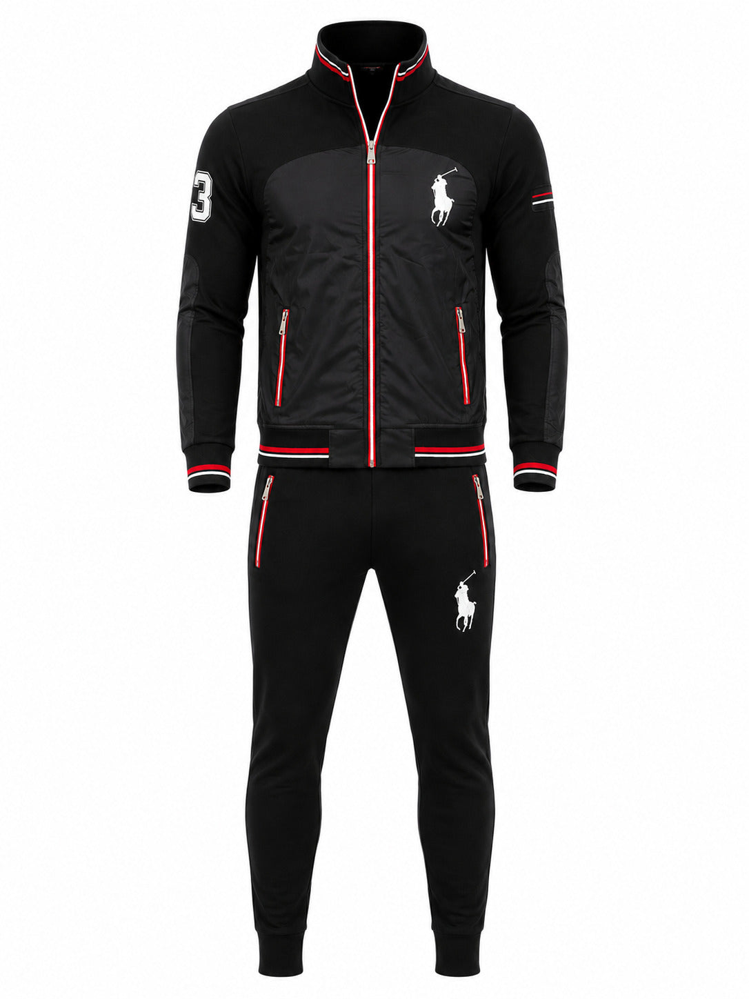 A men's black two-piece tracksuit featuring a zip-up jacket and matching jogger pants. The tracksuit has red piping accents, white embroidered Polo Ralph Lauren logos, a white number 3 on the right sleeve, and red and white striped ribbed cuffs and hem.
