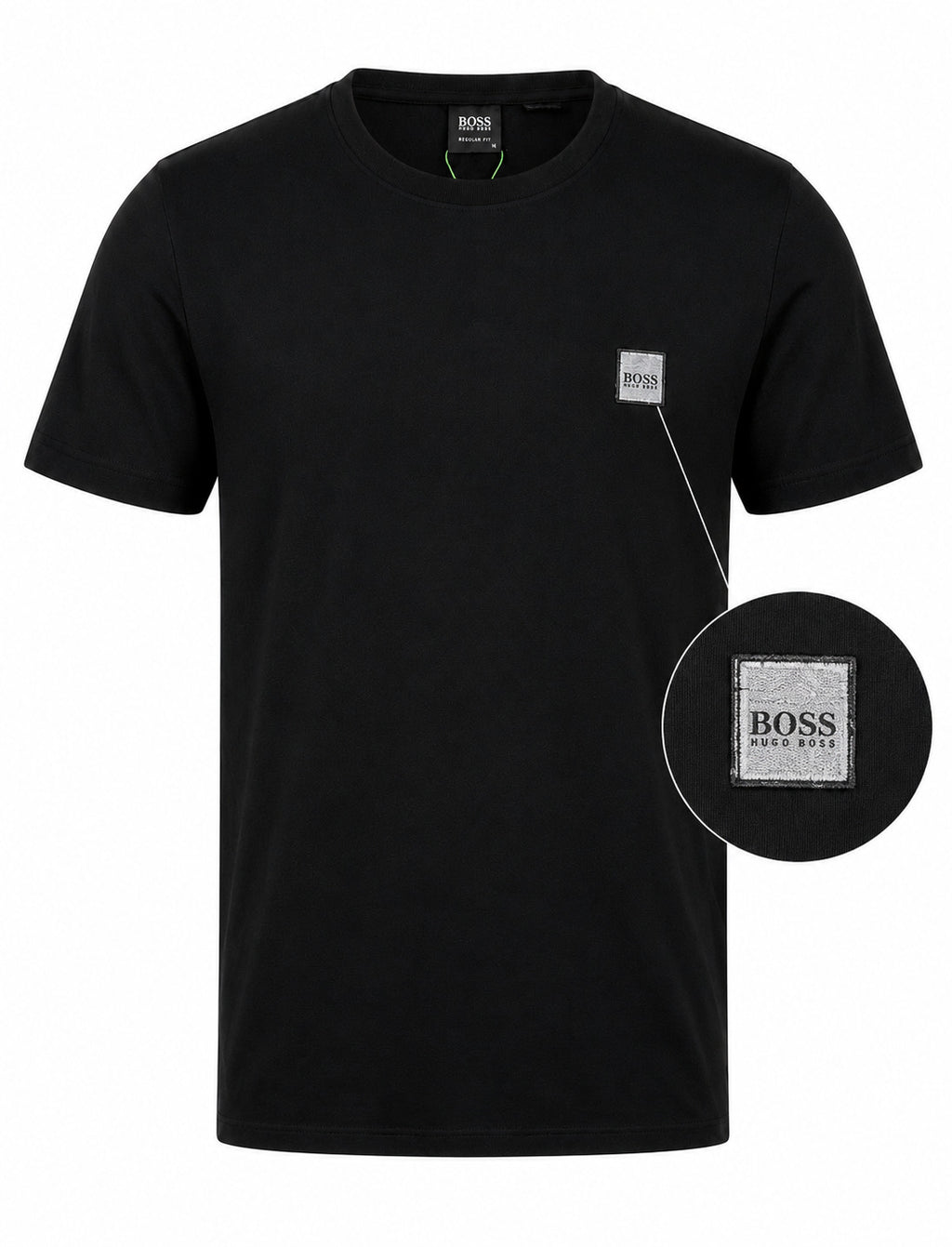 A black short-sleeve crewneck t-shirt by Hugo Boss, featuring a small silver-toned square logo patch on the left chest. A circular inset on the right provides a close-up view of the logo patch.