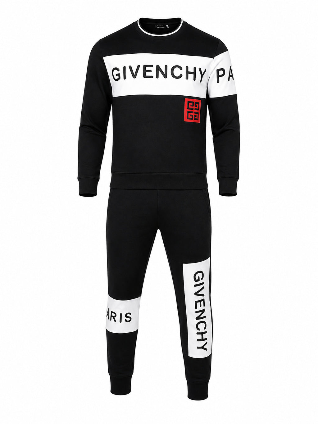A black Givenchy two-piece tracksuit featuring a long-sleeve sweatshirt and matching jogger pants. The sweatshirt has a white chest panel with 'GIVENCHY' printed in black, a red Givenchy logo patch on the chest, and 'PA' printed on the sleeve.