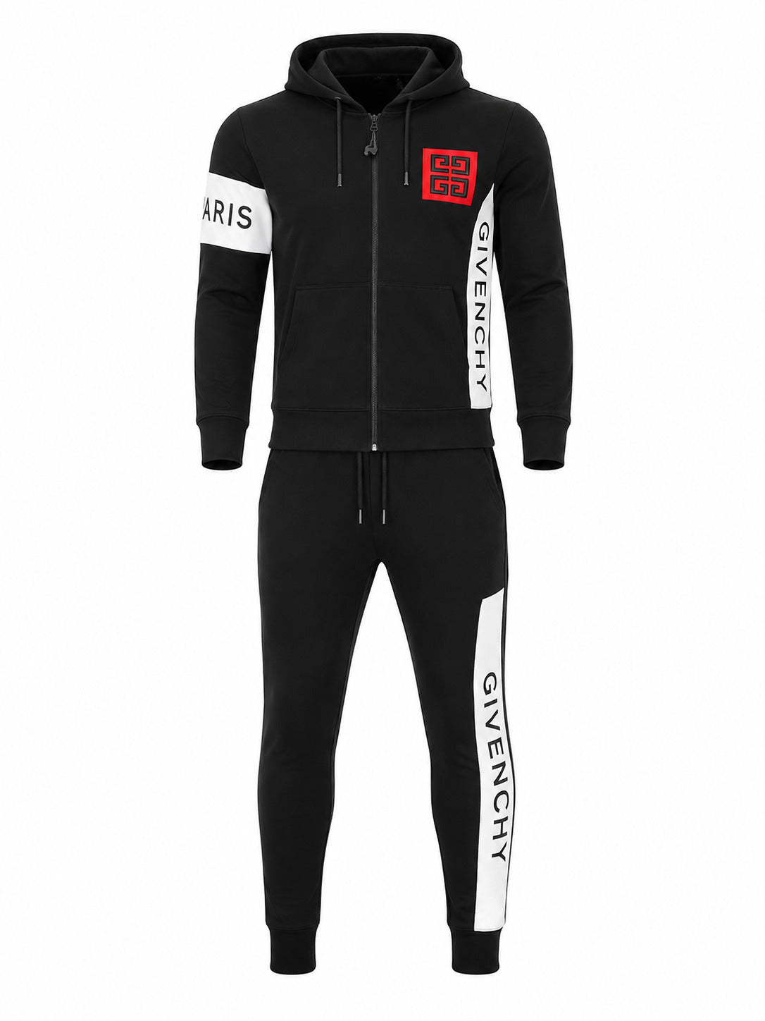 A Givenchy navy blue zip-up hoodie and matching jogger pants set. The hoodie features a red Givenchy logo on the left chest, white sleeve stripes with 'PARIS' and 'GIVENCHY' text, and vertical 'GIVENCHY' text on the right chest.