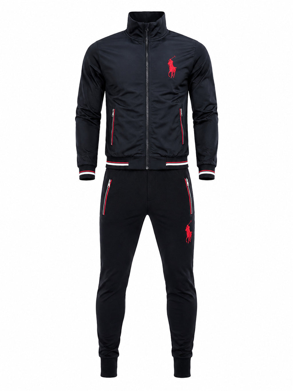 A men's two-piece tracksuit set in black, featuring a zip-up jacket with red and white striped ribbed cuffs and hem, and matching joggers with red zipper accents and a red embroidered polo player logo.