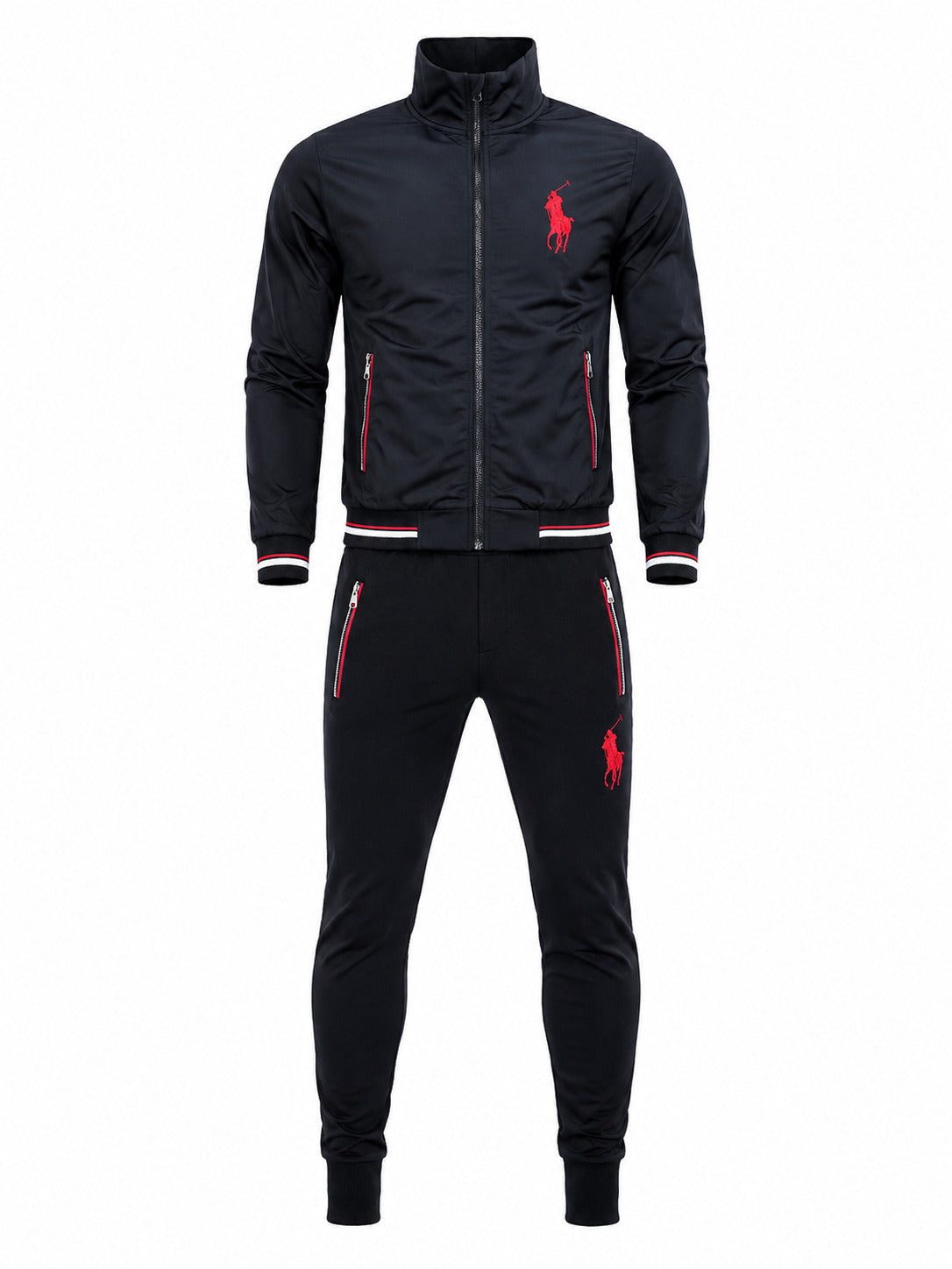 A men's two-piece tracksuit set in black, featuring a zip-up jacket with red and white striped ribbed cuffs and hem, and matching joggers with red zipper accents and a red embroidered polo player logo.