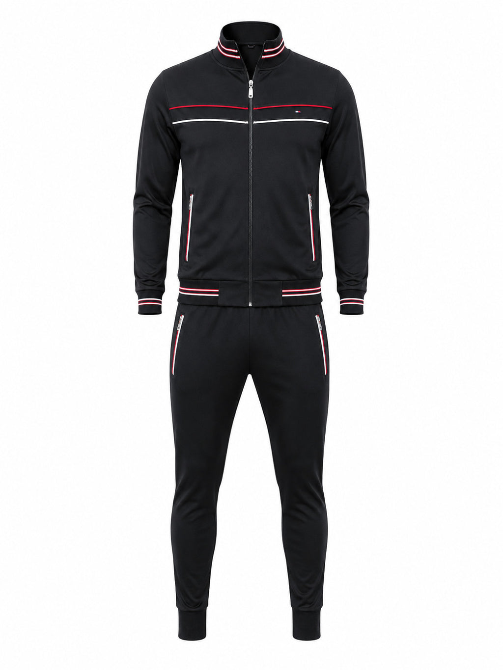 A black two-piece tracksuit featuring a zip-up jacket and matching pants, both decorated with red and white stripe accents on the collar, cuffs, hem, and pockets, shown against a plain white background.
