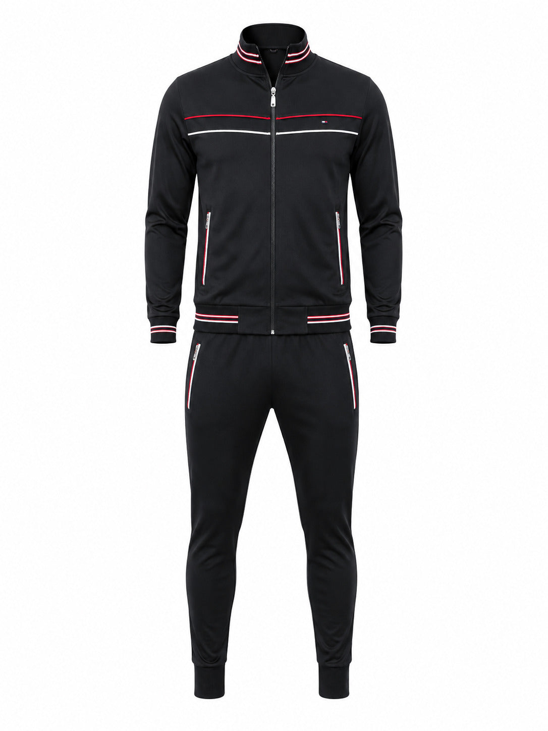 A black two-piece tracksuit featuring a zip-up jacket and matching pants, both decorated with red and white stripe accents on the collar, cuffs, hem, and pockets, shown against a plain white background.