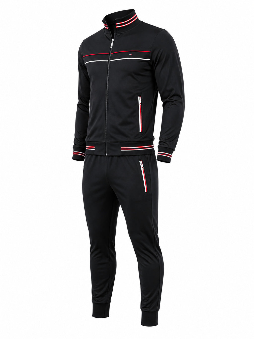 A men's black athletic tracksuit set consisting of a zip-up jacket and matching jogger pants, featuring red and white striped accents on the collar, cuffs, chest, and zippered pockets.