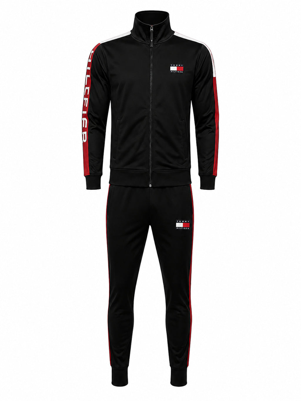 A black Tommy Hilfiger track jacket and matching track pants set, featuring red and white side stripes, a red and white vertical logo on the sleeve, and a Tommy Hilfiger flag logo on the chest and thigh.