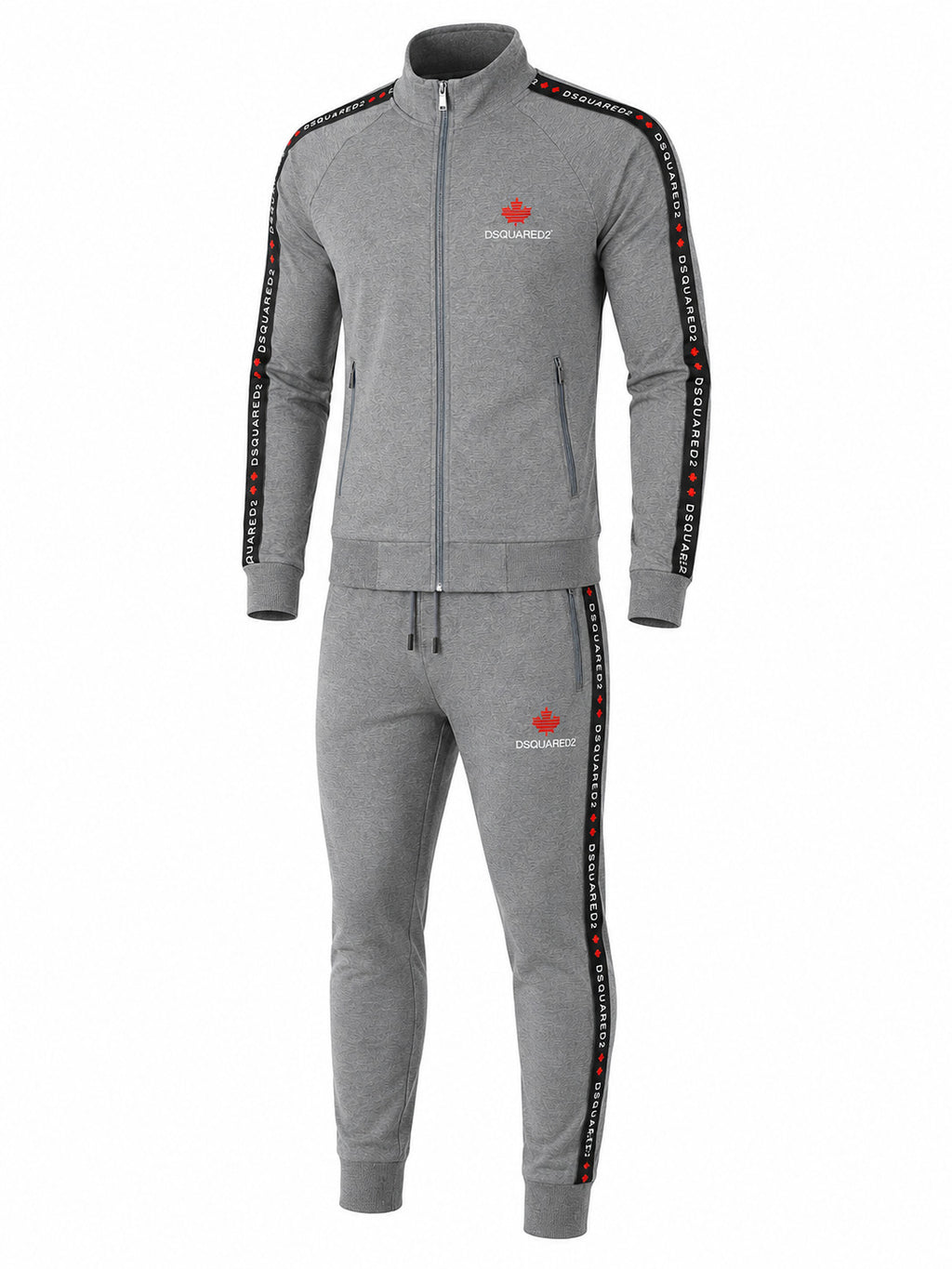 A gray two-piece tracksuit set consisting of a zip-up jacket and matching jogger pants, featuring black and red striped sleeve and thigh tape, a red maple leaf logo, and white text on the chest and thigh.
