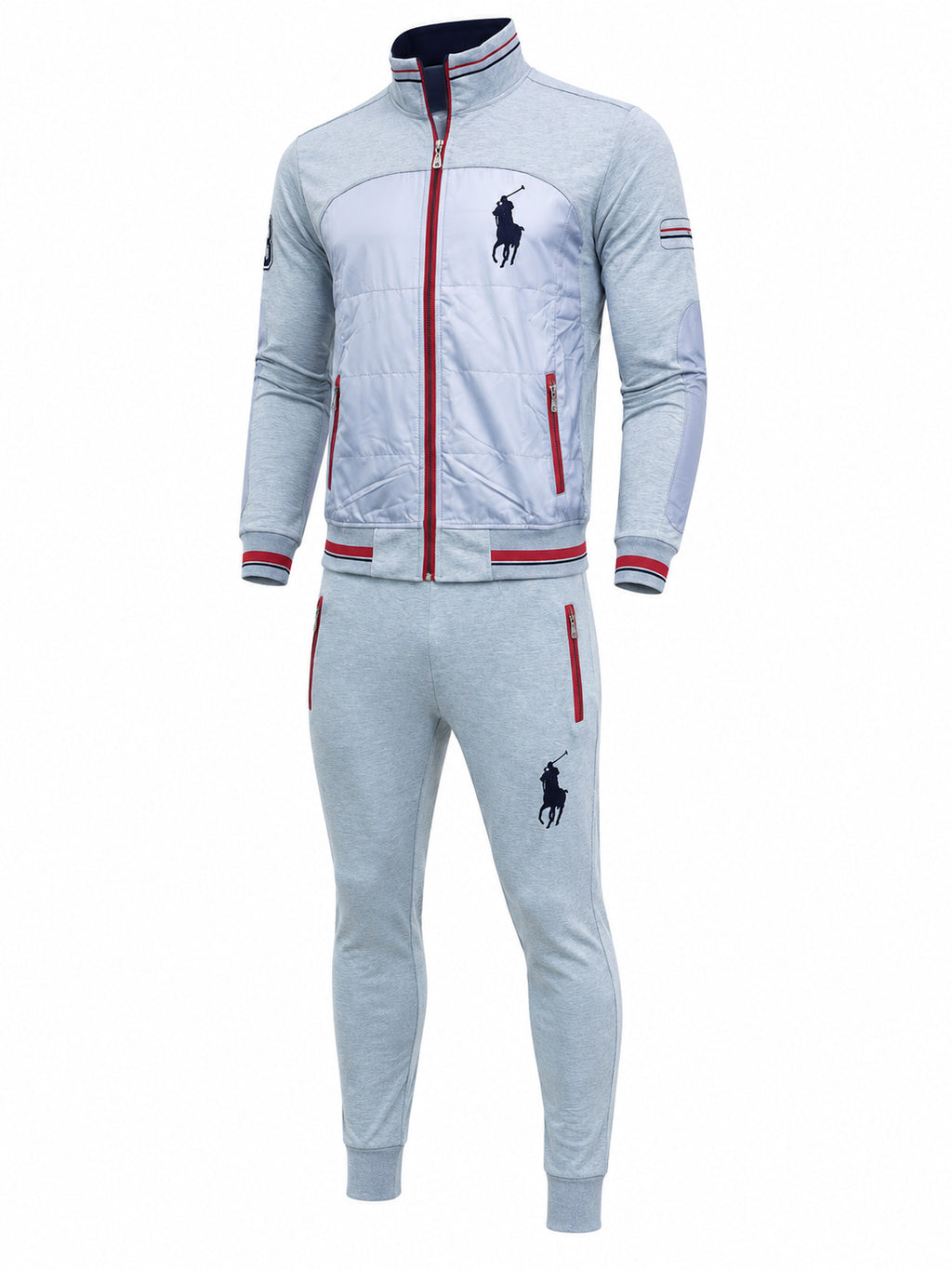A men's two-piece tracksuit featuring a light gray zip-up jacket and matching heather gray sweatpants. The jacket has a white chest panel, red zipper and trim details, and a navy blue Polo Ralph Lauren logo on the left chest.