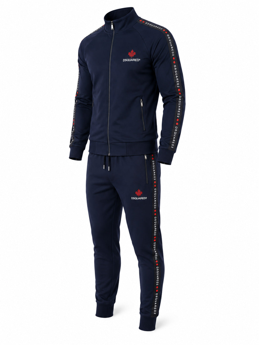 A men's two-piece tracksuit in navy blue, featuring a zip-up jacket and matching jogger pants. The tracksuit has a red and white 'Dsquared2' logo on the left chest and sleeve, with white text and red accents running down the sleeves and down the left leg.