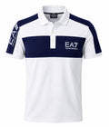 A white and navy blue short-sleeve polo shirt by Emporio Armani, featuring the brand's logo on the left chest and sleeve.