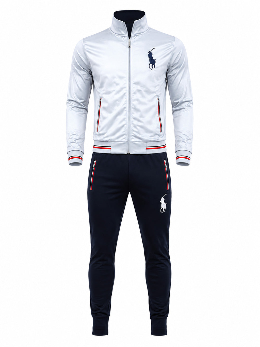 A men's two-piece tracksuit featuring a white zip-up jacket with red and navy striped ribbed cuffs and hem, and matching navy joggers with a white Polo Ralph Lauren logo.