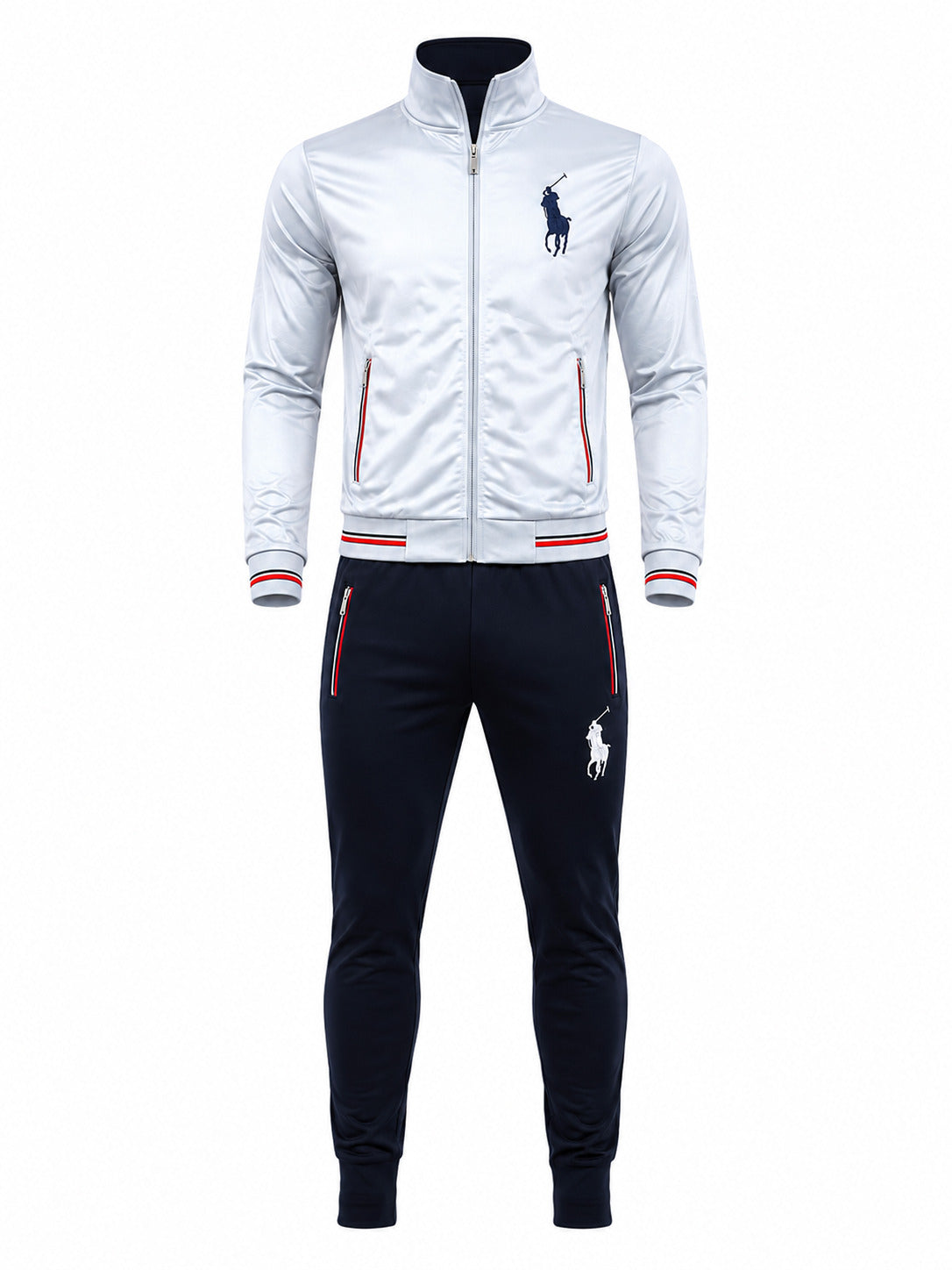 A men's two-piece tracksuit featuring a white zip-up jacket with red and navy striped ribbed cuffs and hem, and matching navy joggers with a white Polo Ralph Lauren logo.